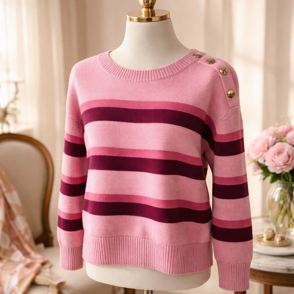 LOFT Ann Taylor XL Striped Button Shoulder Sweater Coral Pink Burgundy NWT $70